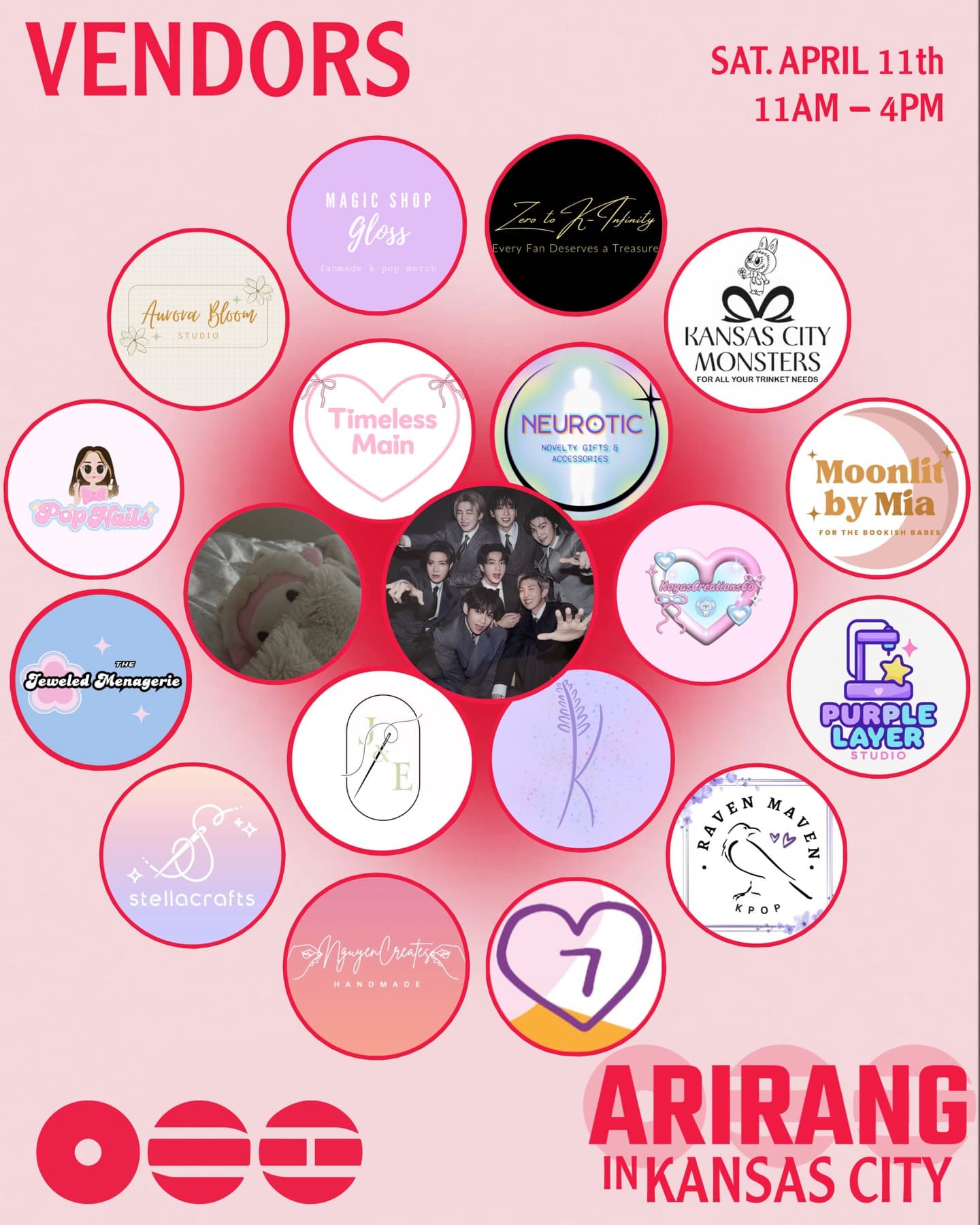 Meet our Arirang in Kansas City Vendors 🛍️
Our vendors are preparing all the cutest products for you all! I’m talking album inspired merch, apparels, accessories & more!! This will be the perfect opportunity to get yourself some merch for the tour!
While you’re shopping with our amazing vendors, grab a bite to eat from @kimchiandbap! 🍱 They will have gimbap snack boxes + more!
Stay tuned for our special drink menu coming soon!🧋
We can’t wait to see you all celebrate this amazing album together! What is your fav track from Arirang? 🪭❤️🔥
🗓️Saturday ~ April 11th, 2026
📍@fatbee_chouteau
Weather permitting, we will be using the outdoor & indoor space of the cafe for this event!
⏰11AM - 4PM
🎟️ Free event for all ages!