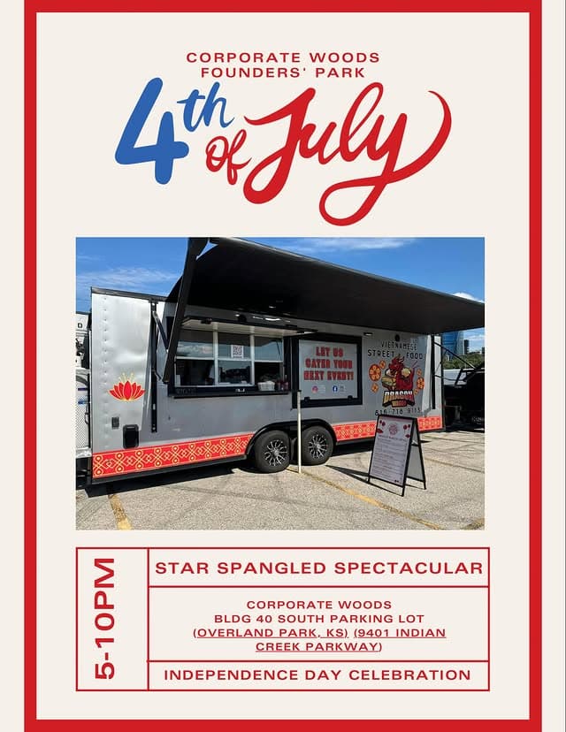 Photo by Dragon Wagon on June 27, 2026. May be an image of poster, fireworks and text that says 'CORPORATE WOODS 4th FOUNDERS' PARK 4July th &July) of BEET R16-116-911 ပ်ပမြ CORPORATE WOODS BLDG 40 SOUTH PARKING LOT (OVERLAND OVERLAND_PARK.KS)(94 (9401INDIAN (9401 INDIAN CREEKPARKWAY) CREEK OP INDEPENDENCE DAY CELEBRATION 5-10PM STAR SPANGLED SPECTACULAR'.